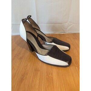 Y2K Kenneth Cole City Linen Heels SZ 9.5 Ivory Brown Leather Spectator [Y10]